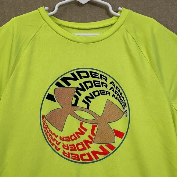 Under Armour Shirt Boy's Large Bright Yellow Heat Gear Graphic Short Sleeves - Picture 2 of 12